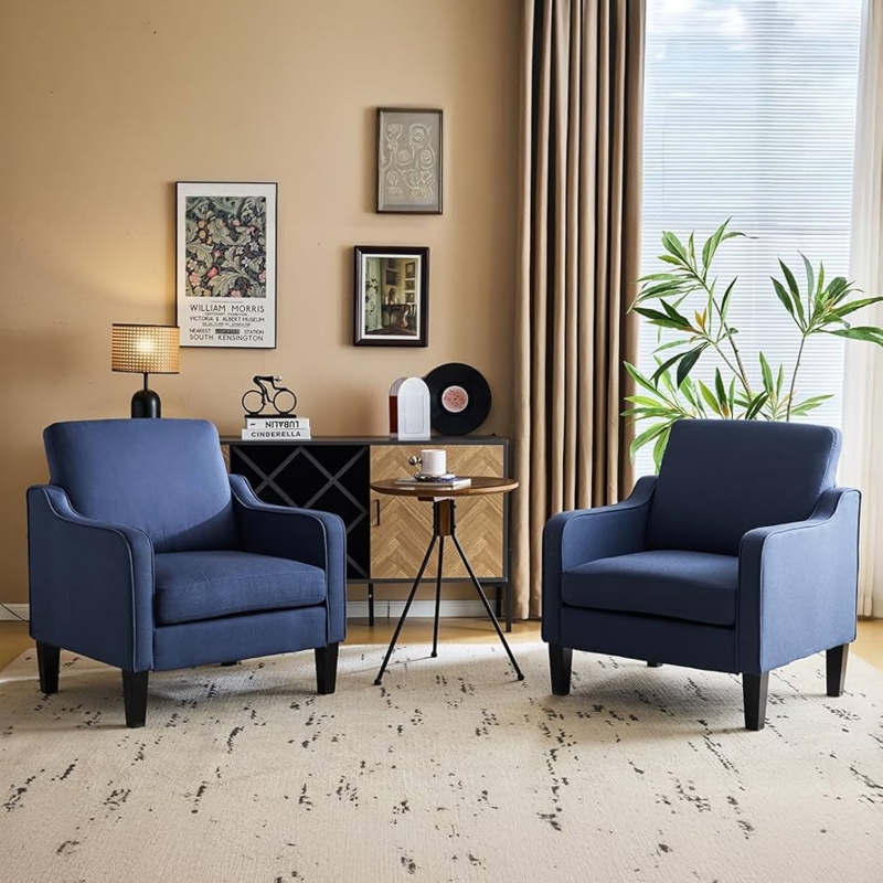 Blue Accent Chair Button Tufted Barrel Back with Tapered Wood Legs