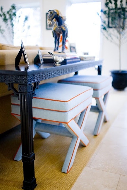 Blue and White Geometric X-Bench with Wood Base