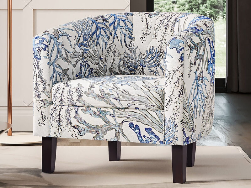 Blue Botanical Print Accent Chair with Button Tufting