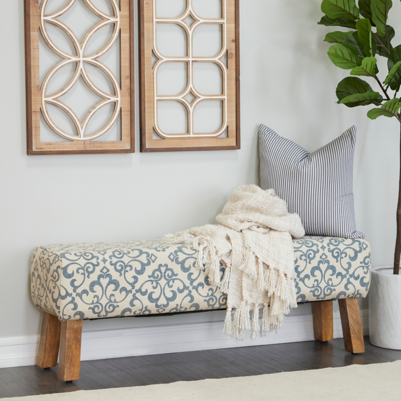 Blue Damask Pattern Upholstered Bench with Tapered Wood Legs