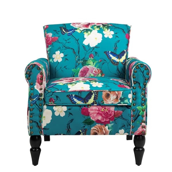 Blue Floral Accent Chair Scoop Back Silhouette Tapered Splayed Legs