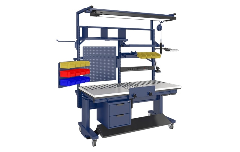 Blue Industrial Workbench with Modular Accessories and Power Strip