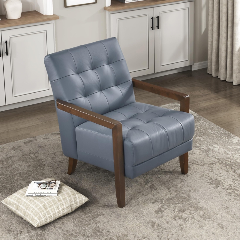 Blue Leather-Like Accent Chair with Exposed Wood Frame and Tufted Seat