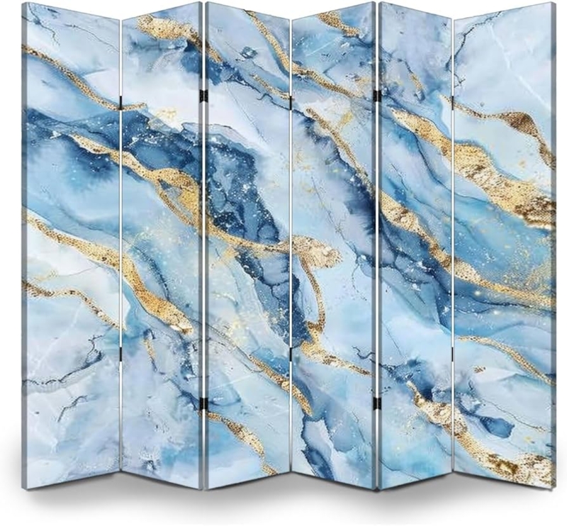 Blue Marble Room Divider Gold Glitter Veins Six Panel Folding Screen