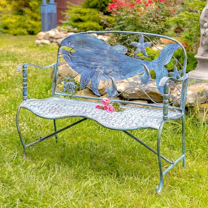 Blue Metal Garden Bench with Whale Backrest Motif