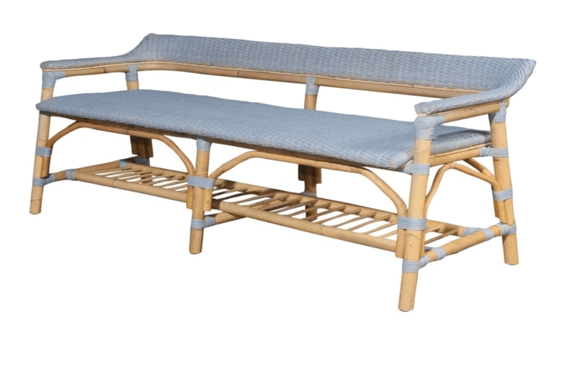 Blue Rattan Entryway Bench with Woven Seat and Shelf