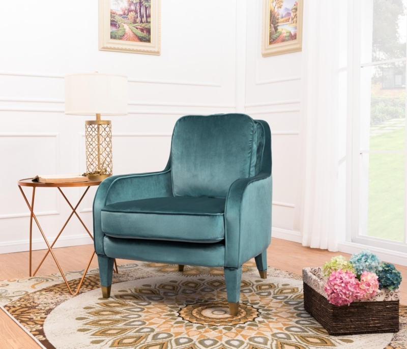 Blue Velvet Channel Tufted Chair with Gold Metal Trim