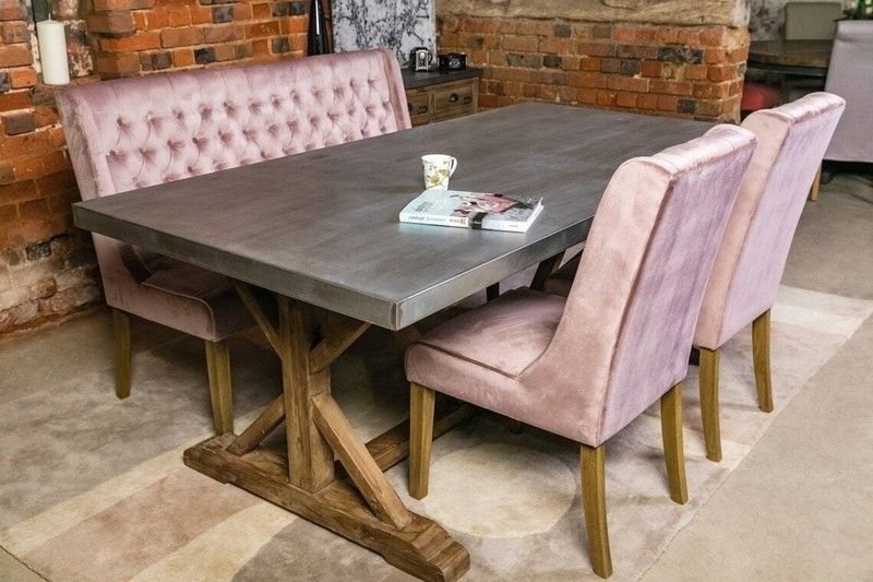 Blush Pink Tufted Dining Bench with High Back and Rustic X-Base Table Set