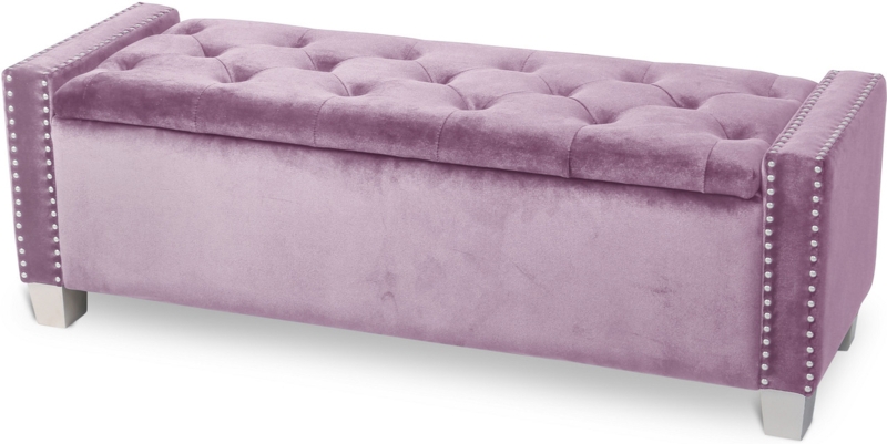Blush Pink Velvet Storage Bench with Gold Legs and Channel Tufting