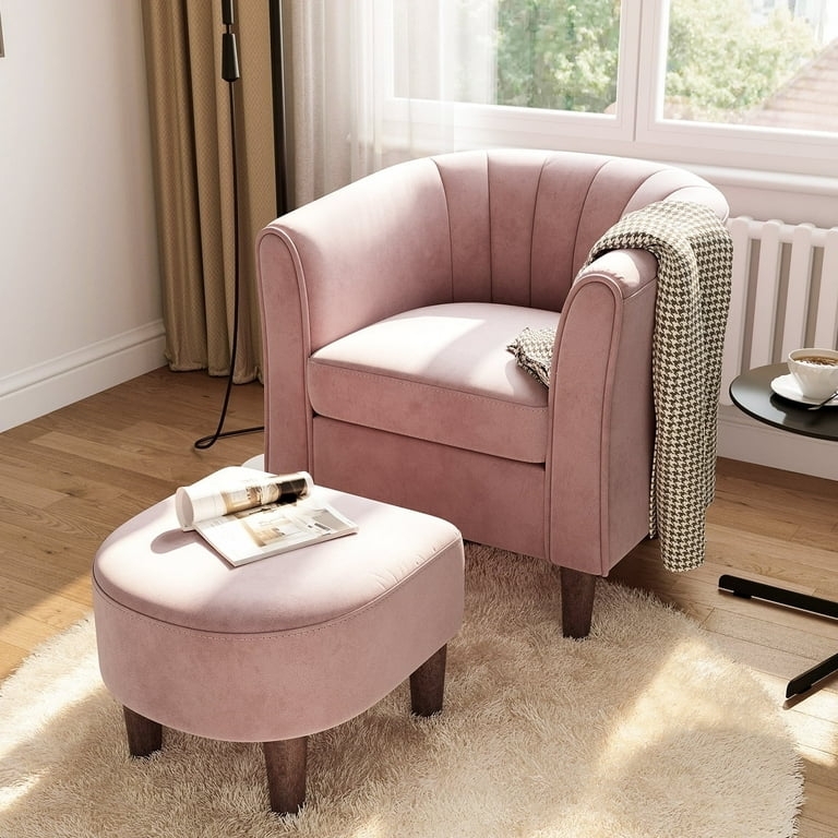 Blush Velvet Accent Chair and Ottoman Set with Gold Finish