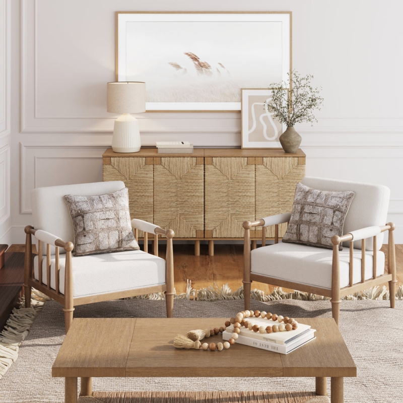 Bohemian Accent Chair Cream Boucle Upholstery Light Wood Open Frame