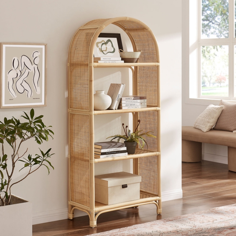 Bohemian Arched Bookshelf with Woven Rattan Shelves