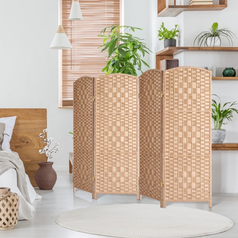 Bohemian Arched Room Divider with Natural Basketweave Texture Screen