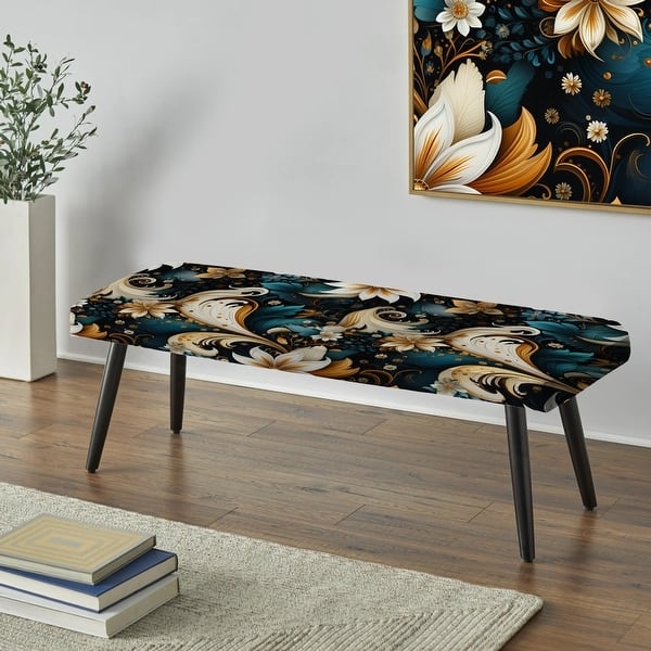 Bohemian Bench Teal Gold Paisley Pattern Black Tapered Legs
