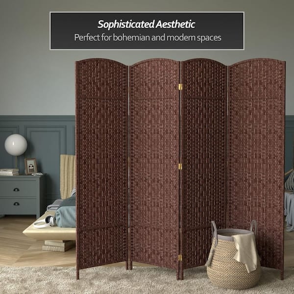 Bohemian Dark Red Woven Room Divider, 4-Panel Arched Folding Screen