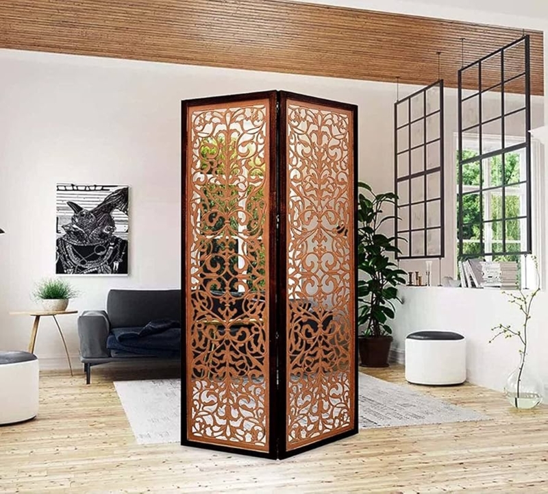 Bohemian Folding Wood Partition with Intricate Floral Cut-Outs