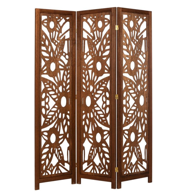 Bohemian Room Divider Floral Cutouts Walnut Folding Privacy Screen