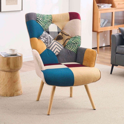 Bohemian Wingback Accent Chair Patchwork Fabric High Back
