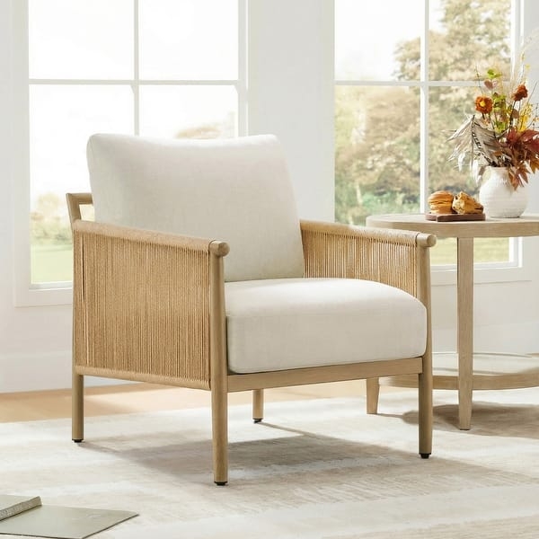 Boho Accent Chair with Braided Rope Arms, Cream Wood Look Frame