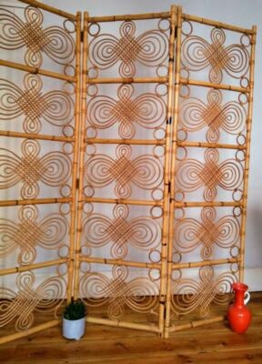 Boho Bamboo Room Divider With Symmetrical Scrollwork