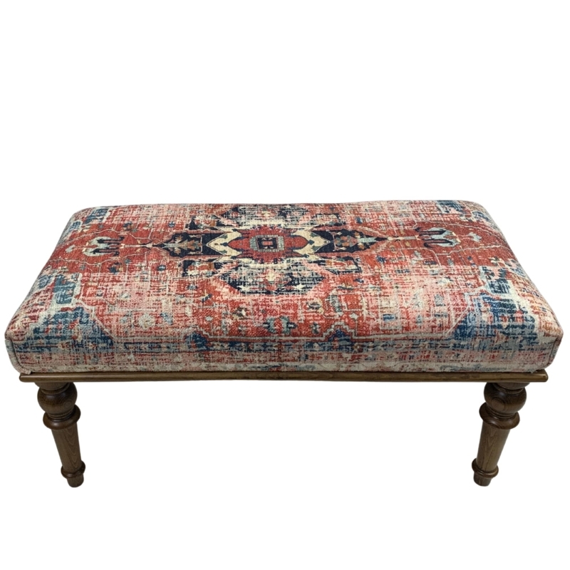 Boho Bench with Rug Upholstery, Medallion Motif and Turned Legs