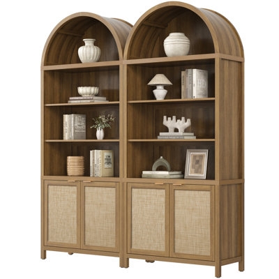 Boho Bookcase, Arched Top with Woven Rattan Panels, Natural Tone.