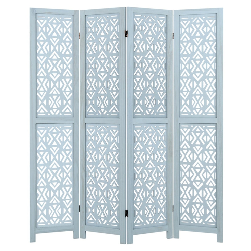 Boho Geometric Room Divider Light Blue Whitewashed Folding Screen