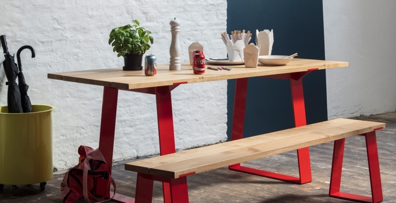 Bold Red Metal Leg Bench for Industrial Dining or Breakroom