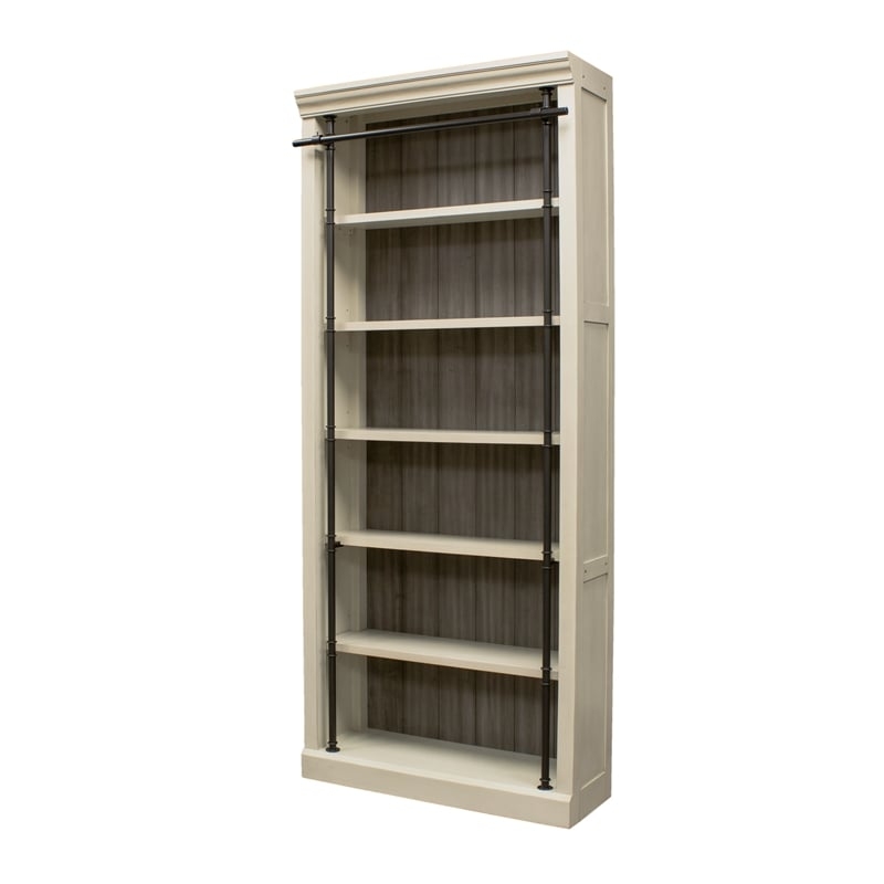 Bookcase Aged Finish Rolling Ladder Distressed White Library Wall