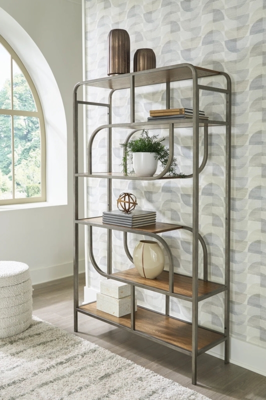 Bookcase Antique Silver Wood Toned Shelves Industrial Five Tier