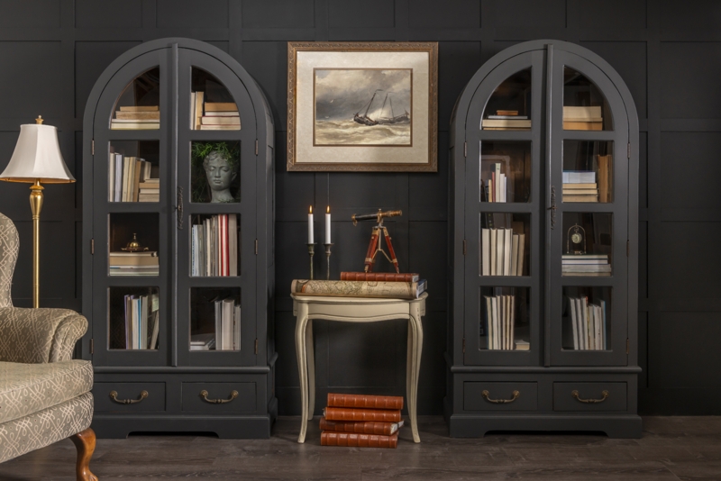 Bookcase Arched Top Matte Charcoal Tall Slender Silhouette