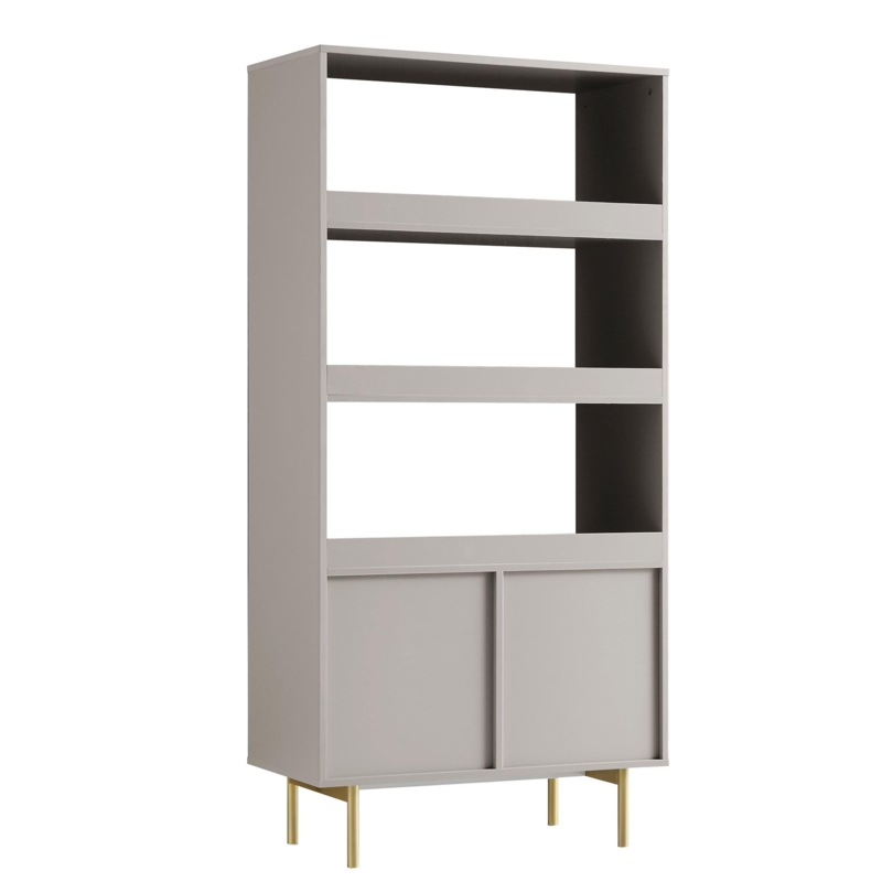 Bookcase, Arched Top, Ridged Doors, Gold Knobs, Taupe.