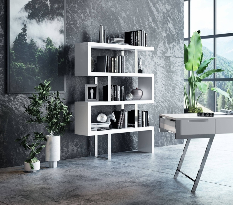 Bookcase Asymmetric Dividers High-Gloss White Finish