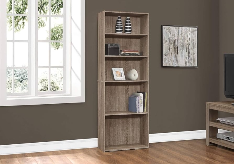 Bookcase, Asymmetrical Design, Five Tier, Staggered Shelves.