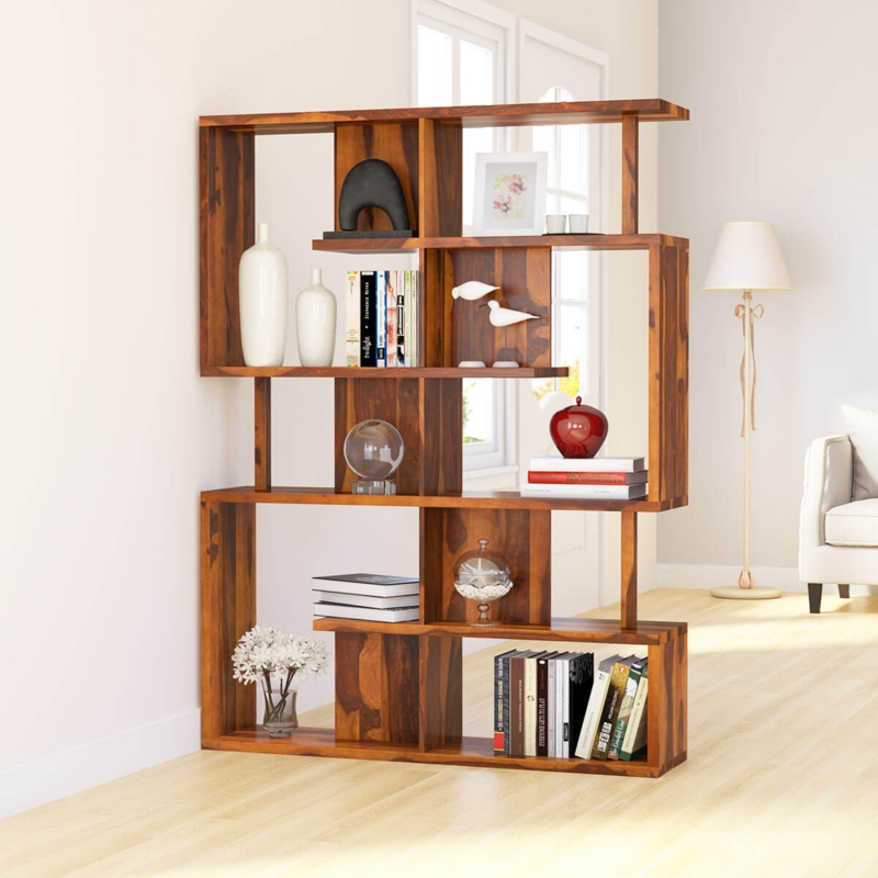 Bookcase Asymmetrical Shelving Light Wood Cube Storage Styling