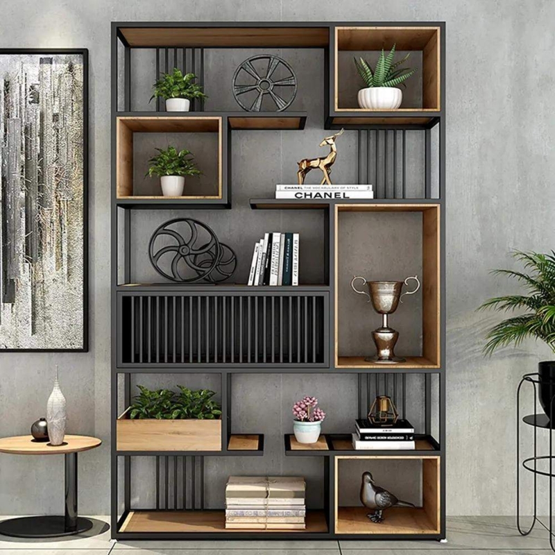Bookcase Black and Natural Wood Geometric Asymmetrical Design