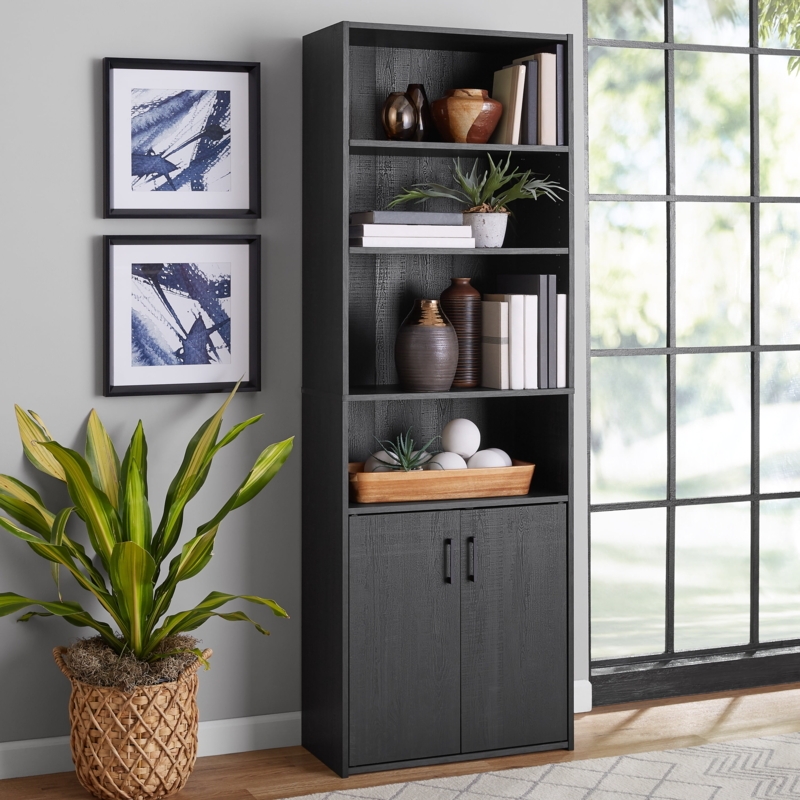 Bookcase Black Finish Lower Cabinet Doors Library Storage Unit