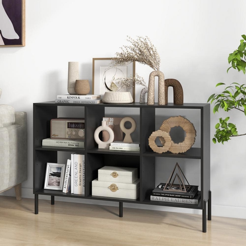 Bookcase Black Matte Finish Five Tapered Metal Legs Storage