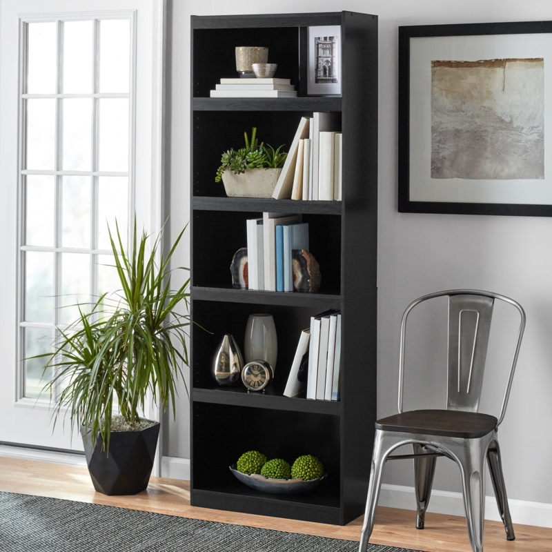 Bookcase Black Oak Framed Panels Five-Shelves Transitional Storage