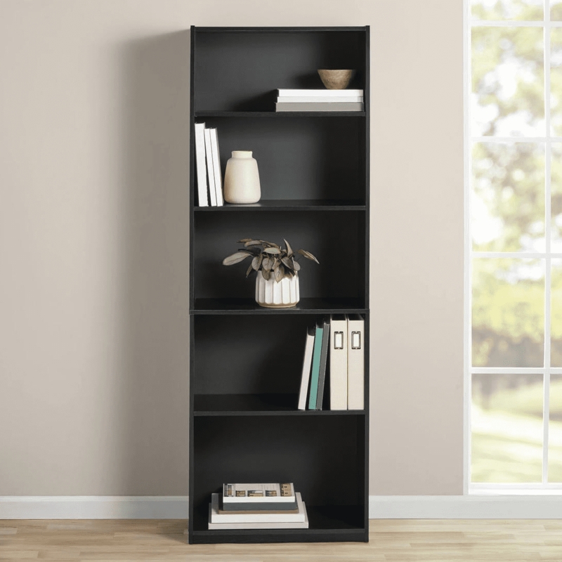 Bookcase Black Oak Wood Grain Adjustable Shelves Five-Tier Display