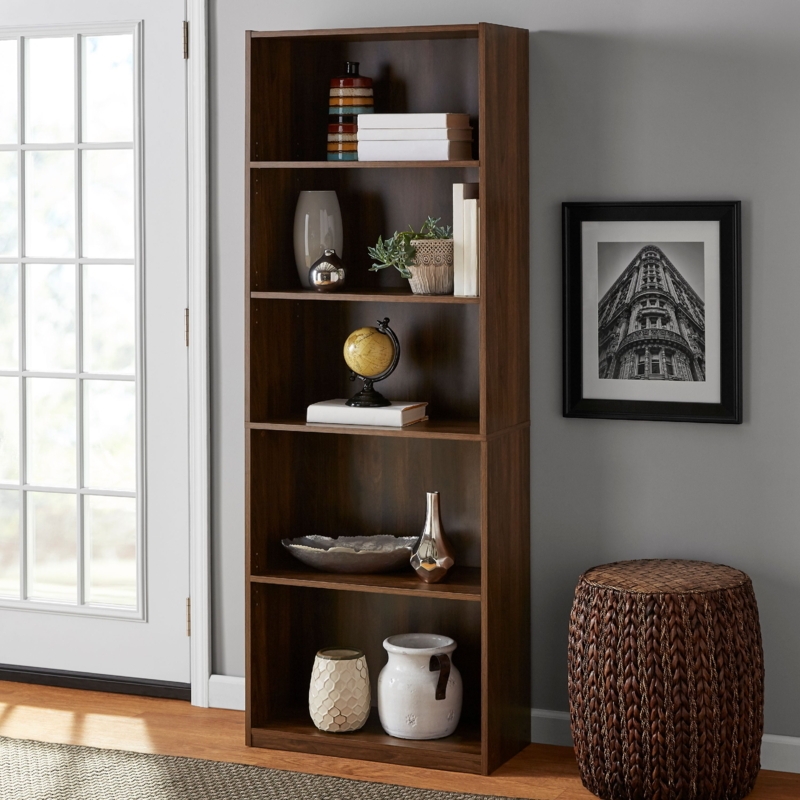 Bookcase Canyon Walnut Finish Adjustable Shelves Five-Tier Dark Wood