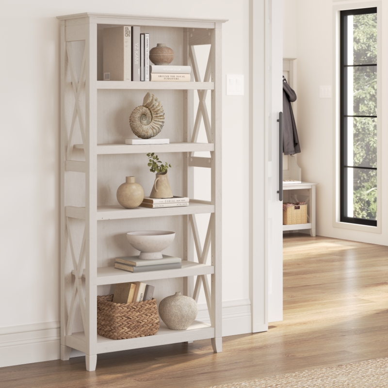 Bookcase Charcoal Gray X-Shaped Bracing Textured Grain Farmhouse Style