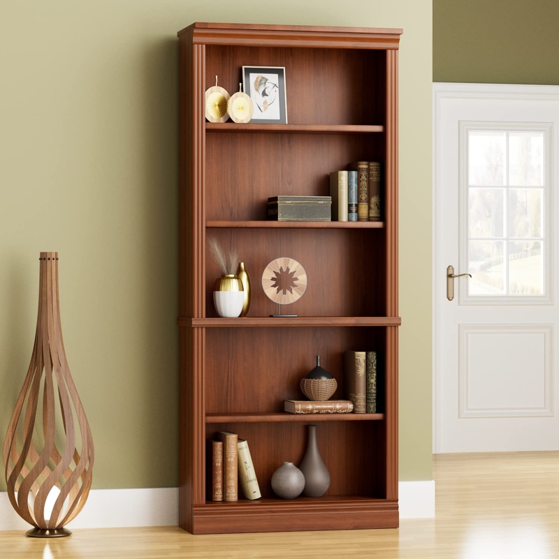 Bookcase Cherry Wood Finish Five-Tier Solid Sides Traditional Shelves