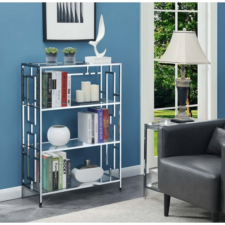 Bookcase, Chrome Cross Bracing Sides, Four-Tier Glass Open Back