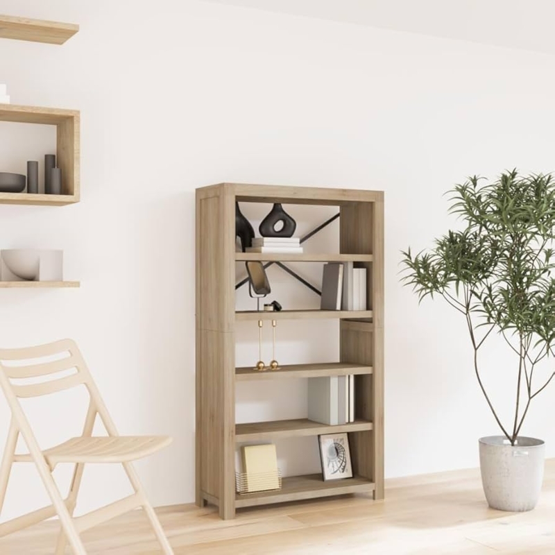 Bookcase Chunky Frame Square Legs Five Tiers Natural Wood Rustic Style
