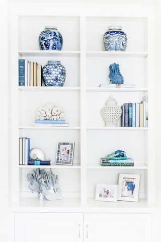 Bookcase Coral Accents Shiplap Backing Blue And White Nautical Decor