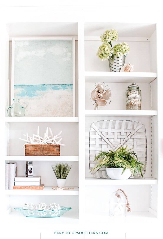 Bookcase Cubby Shelving Shiplap Backing Coastal Farmhouse Style