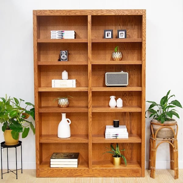 Bookcase Double Wide Dry Oak Finish Twelve Adjustable Shelves