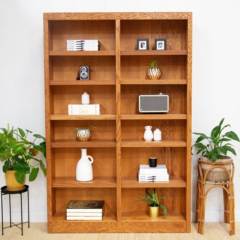 Bookcase Double Wide Twelve Shelves Warm Wood Toned Traditional Style