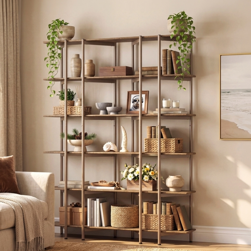 Bookcase Double Width X-Brace Back Rustic Wood Metal Industrial Style